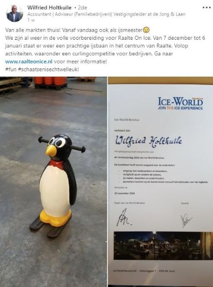 Plaatje van pinguin en certificaat in een facebookbericht van ijsmeester Wilfried uit Raalte